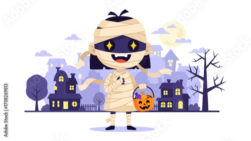Halloween Mummy Illustration: A charming and festive illustration of a mummy in a costume, ready for trick-or-treating on a Halloween night. 