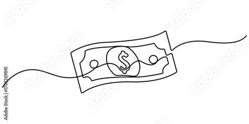 Continuous line, one banknote with dollar symbol in the center, money, financial business illustration. Continuous single one line drawing art of money paper. Editable outline