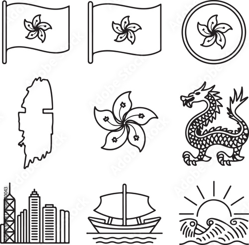 Hand-Drawn Hong Kong Flag and Heritage Icon Pack with Map, Bauhinia Flower, Dragon, Junk Boat, and Skyline