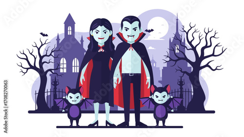 Vampire Family Portrait: A spooky illustration showcasing a vampire family, ready for a night of Halloween adventures, standing in front of a gothic landscape, framed by ominous silhouettes.