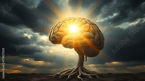 A luminous sunbeam breaks through storm clouds to illuminate a human brain model made of intricate, healthy tree roots.