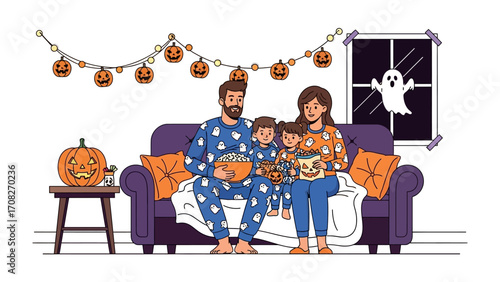 Spooky Family Movie Night: A cozy family in matching pajamas gathers on a couch, snacking on popcorn and preparing for a delightful Halloween movie night. Adorned with festive decorations.