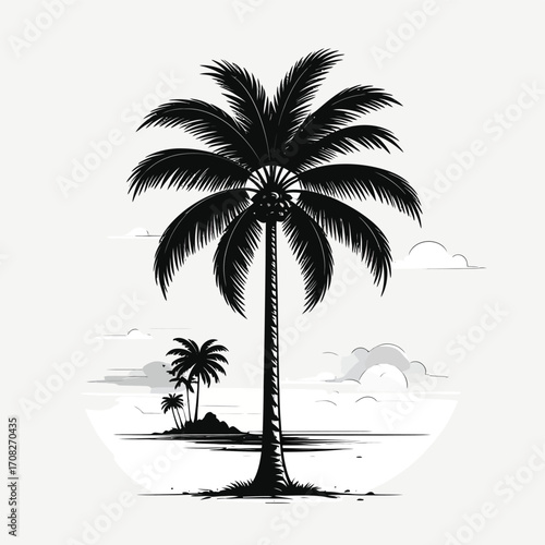 Monochrome illustration of a tall palm tree on a tropical island.