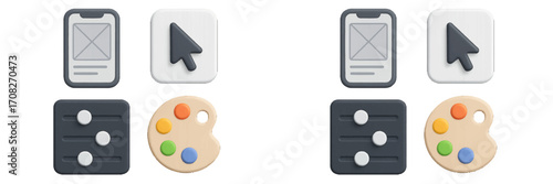 User interface design elements for mobile applications and creative tools including wireframe, cursor, settings, and color palette