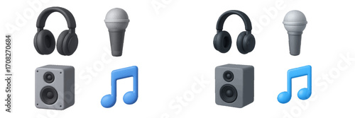 Modern audio equipment and music symbols collection featuring headphones microphone speaker and musical note icons in a clean style