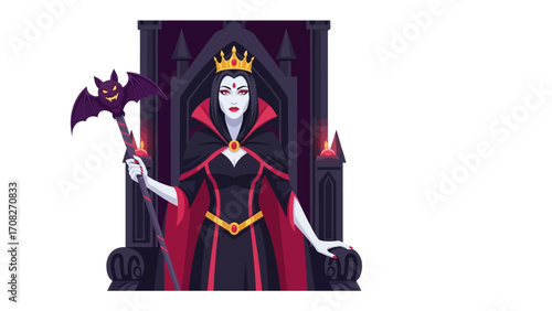 Royal Enchantress: A bewitching illustration of a queen, adorned in regal attire, holds a scepter, seated upon an imposing throne. This captivating design evokes themes of fantasy, power.