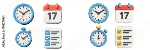 Comprehensive collection of time management and scheduling icons including clocks, calendars, stopwatches, and checklists for planning and organization
