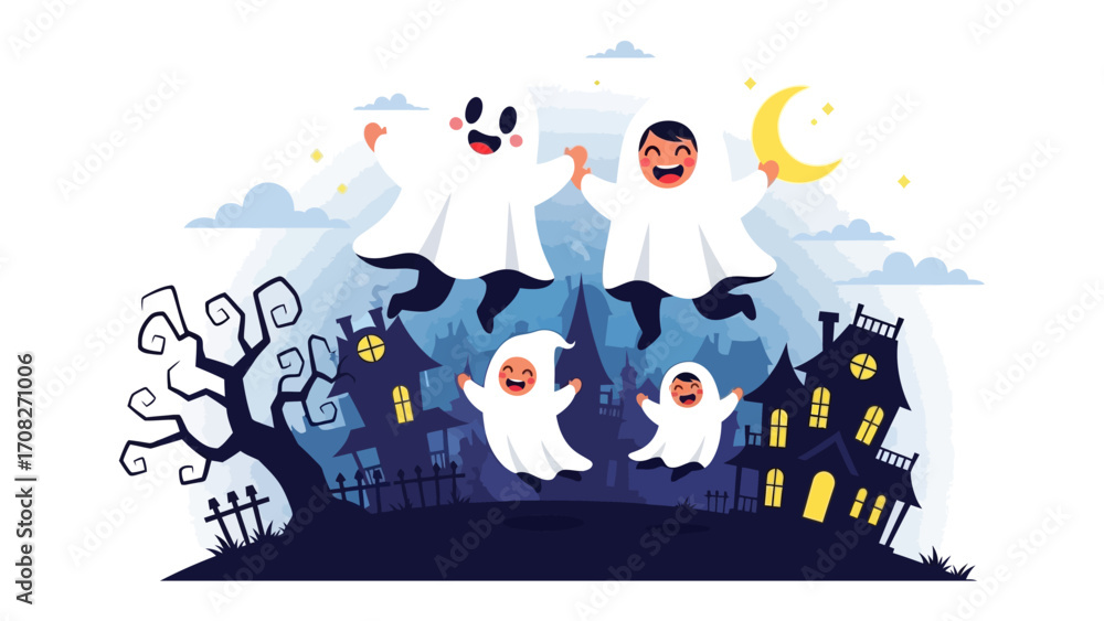 Naklejka premium Whimsical Halloween Gathering: A captivating illustration showcases friendly specters playfully gliding through the night sky, their ghostly forms dancing in front of a spooky haunted mansion.
