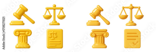 Collection of glossy yellow legal symbols including gavel, scales of justice, ancient column, and legal document icon