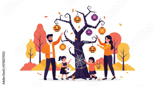Halloween Family Gathering: A family decorates a spooky tree with festive lanterns in a vibrant autumn scene. Capturing the excitement of the season.