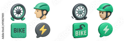 Stylized green and gray icons representing bicycle wheels, rider helmets, and electric bike services