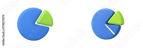 Three dimensional pie chart with a distinct green segment for data visualization and business analysis presentation