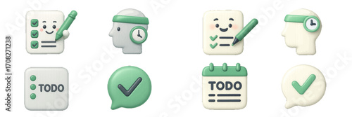 Collection of 3D rendered icons for task management and productivity including checklists, time tracking, and to-do lists
