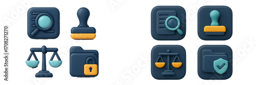 Three dimensional icons for legal system, justice, search, security, document protection