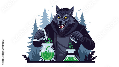 Scientific Wolf: An intimidating wolf figure, masterfully illustrated in a stylish design, stands at a scientific bench.