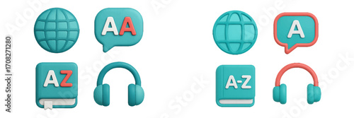 Vibrant 3D rendered icons for language education, global communication, and digital translation services, ideal for modern app interfaces
