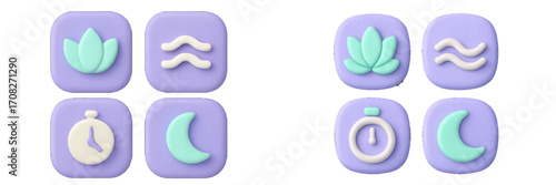 Modern soft pastel 3D symbols for wellness, meditation, time management, and sleep tracking applications