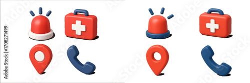 Essential emergency service icons set including a flashing siren, first aid kit, location pin, and telephone receiver