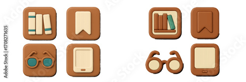 Educational and reading objects including books, bookmark, eyeglasses, and e-reader in a modern soft aesthetic