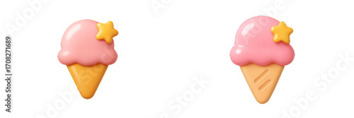 Pink ice cream scoops in waffle cones with yellow star accent on white background