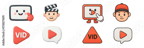 Collection of digital media content creation and online video streaming icons with play buttons and character faces