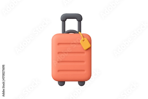 Vibrant orange travel suitcase with a yellow luggage tag and dark grey retractable handle for vacation journey