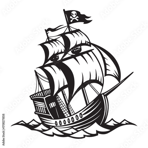 A black and white illustration of a pirate ship with a jolly roger flag sailing on wavy water, isolated on white background