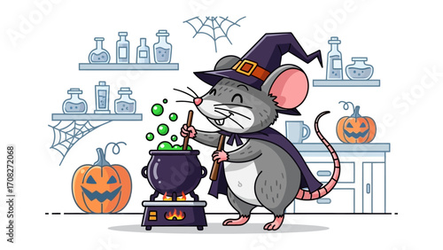 Mystical Brew: A cheerful mouse, costumed as a witch, stirring a bubbling potion in a cauldron amidst Halloween elements, creating an atmosphere of enchantment and fun. 