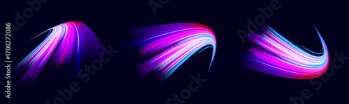 Purple and red neon flashes cut through a blurry digital tunnel, simulating speed and motion. The bright lighting effects reflect a cyberpunk aesthetic. A blend of energy and style.