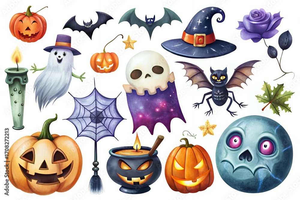 Naklejka premium Spooky halloween elements collection with pumpkins ghosts bats and witch hats