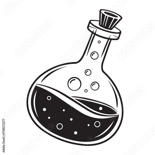 A black and white illustration of a potion bottle with bubbles, isolated on white background