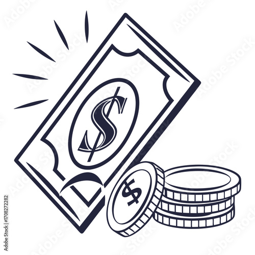 Financial illustration Dollar bill and coins representing money and wealth