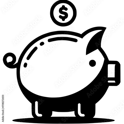Piggy Bank Icon: A simple yet evocative illustration of a classic piggy bank, with a dollar coin dropping into the slot. Capturing the essence of savings, finance, and financial growth.