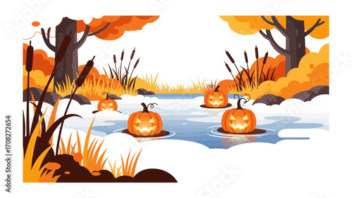 Pumpkin on Pond: A stylized illustration showcases floating, grinning pumpkins in a serene pond scene with autumn foliage, invoking the spirit of Halloween.