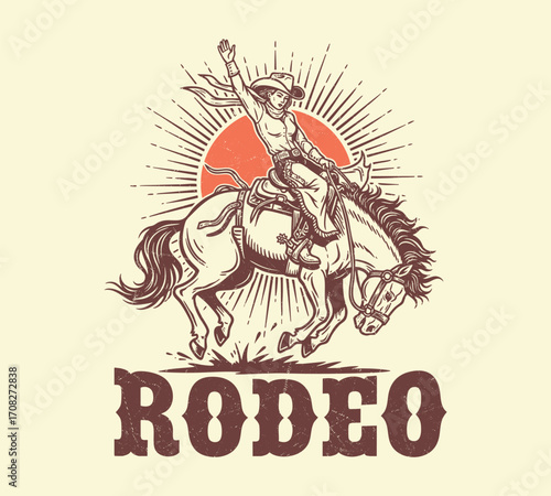 Vintage Rodeo Cowboy Riding Bucking Horse with Sunburst Background – Wild West Western Illustration