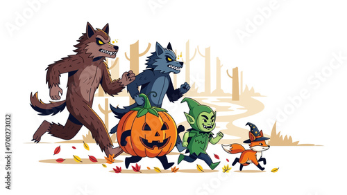 Spooky Creatures' Halloween March: A dynamic and vibrant cartoon illustration depicts a whimsical group of Halloween creatures, embarking on an adventure through a mysterious woodland.