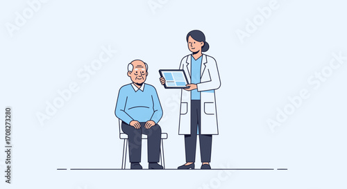 Female Doctor Explaining Diagnosis To Senior Male Patient Using Tablet