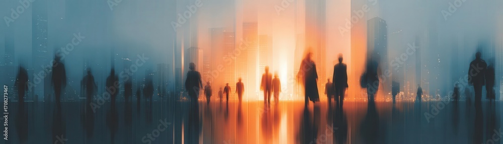 Fototapeta premium Innovative thinkers stride through gleaming city towers, aura of progress