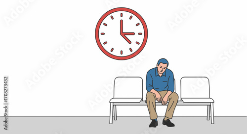 Frustrated Man Waits In Waiting Room Under Clock