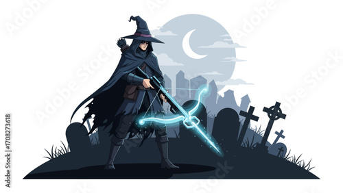 Mystical mage in graveyard: A wizard dressed in dark robes, casts a spell with staff in a graveyard under a crescent moon, in a graphic artwork setting.