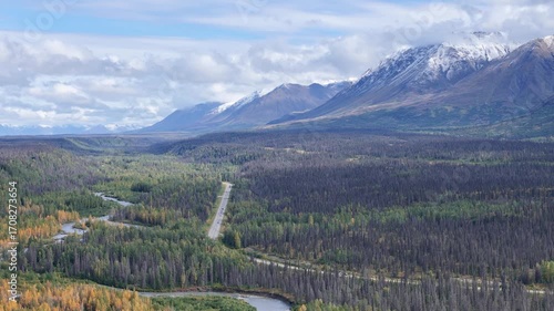 Cinematic Drone Orbit of Parks Highway near Denali National Park