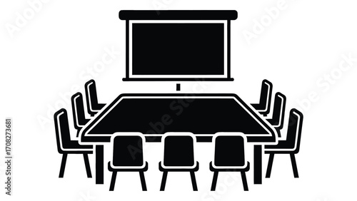 Conference room with table, chairs and projector screen