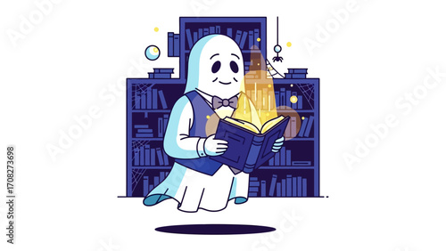 Enchanted Reading Specter: A gentle spectral figure immersed in a book, illuminated by its pages in a whimsical library, filled with curiosity and knowledge, showcasing the magic of reading