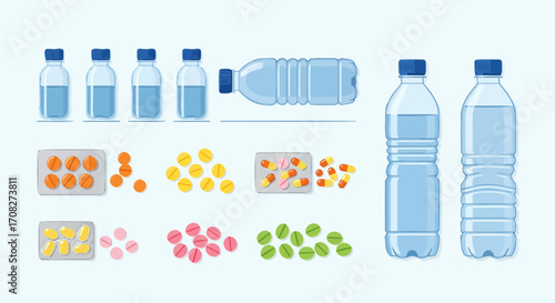 Illustrations Of Bottles With Water And Different Kinds Of Pills