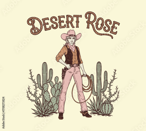 Desert Cowgirl Illustration with Cactus Plants and 
