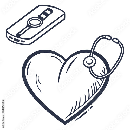 Medical Still Life Heart, Stethoscope, and Pregnancy Test Illustration