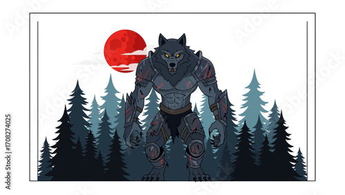 Werewolf Under Blood Moon: An intimidating werewolf with a powerful physique stands beneath a ominous blood moon, symbolizing the power of the supernatural.