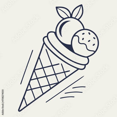 Ice Cream Cone Illustration with Scoops and Fruit Topping