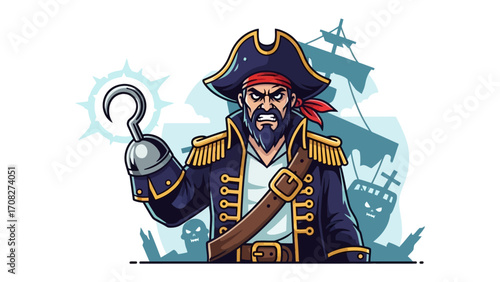 Pirate's Wrath: A formidable pirate captain, complete with a fierce expression, stands before a backdrop of the high seas, brandishing his weapon.