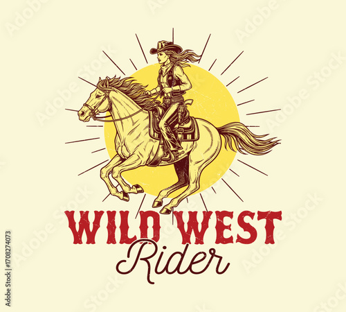 Wild West Cowgirl Riding Horse with Vintage Sunburst and Western Typography Design